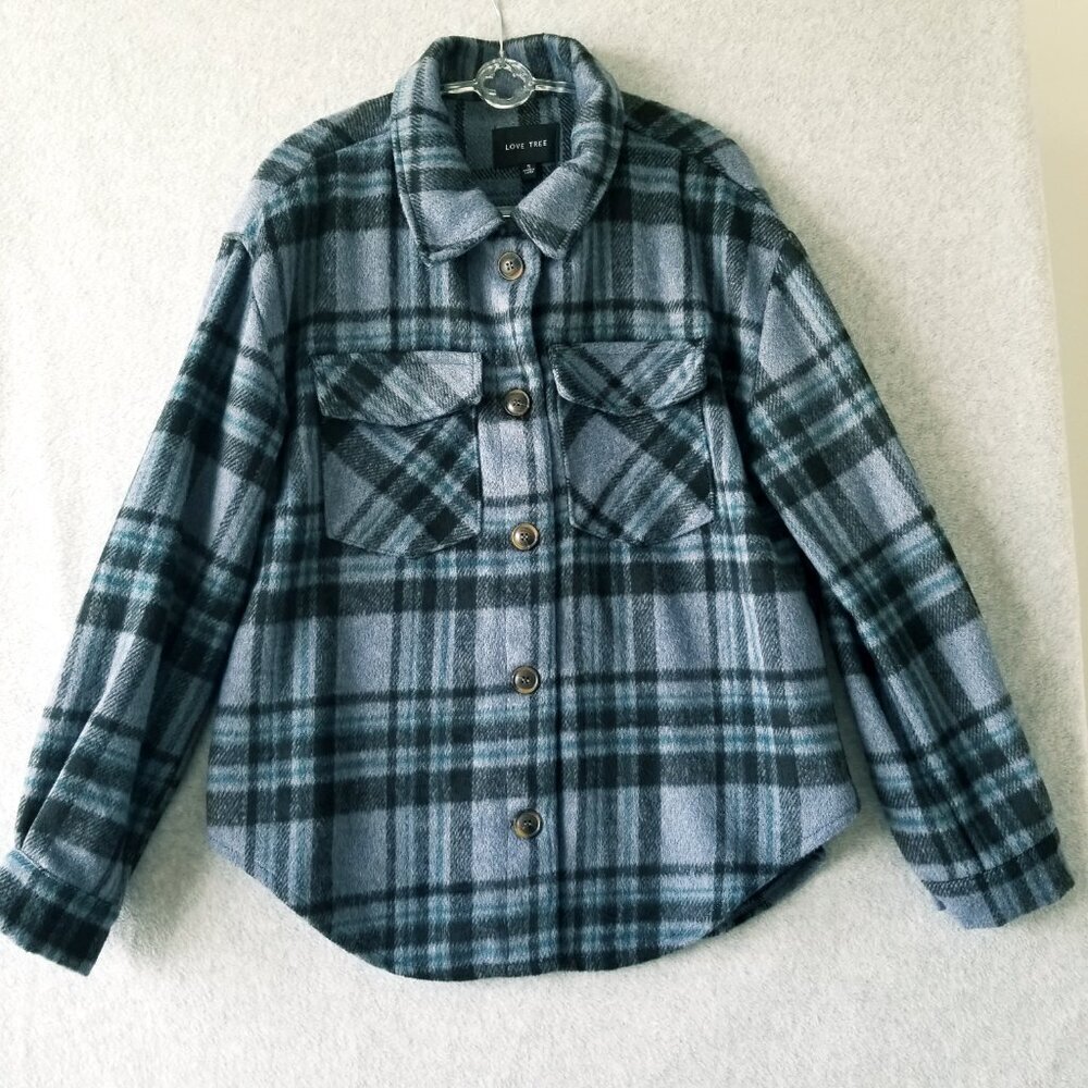 Love Tree Women Sz S Button Front Plaid Shacket Flannel Warm Grunge Granola Girl